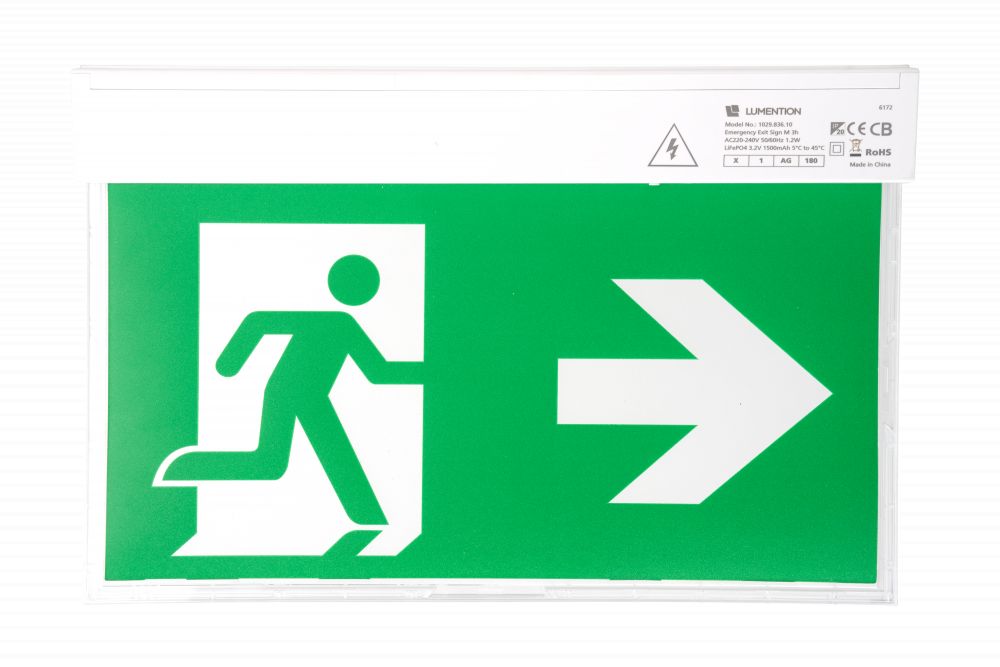 LED Nooduitgangsbord 3H 24M IP20 Witte Behuizing Opbouw- of Wandmontage Onderhouden LiFePO4/3.2V/1500mAh Testknop & Groene Indicator Ta 5-45°C 44x34x26mm 4 Pictogrammen