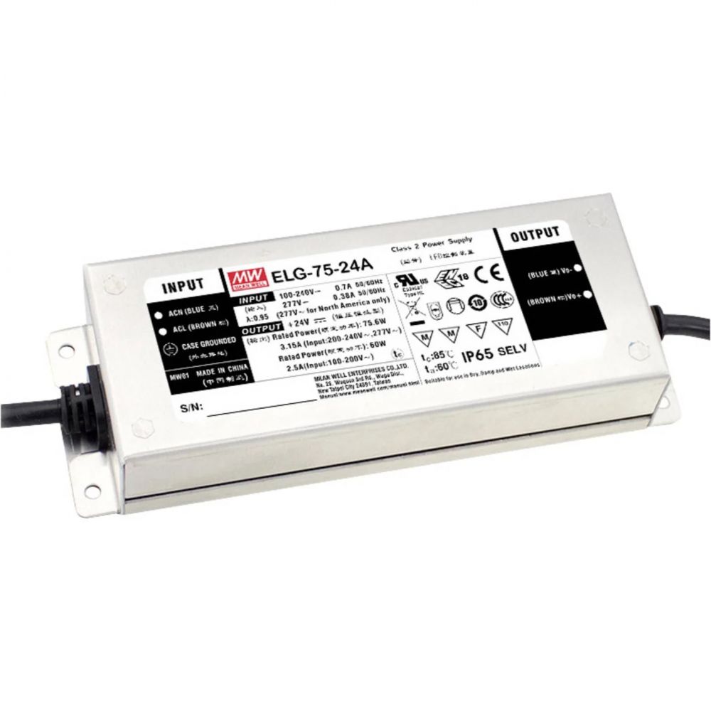 MEAN WELL Inbouwnetvoeding 24Vdc 3,15A 75W 3-in-1 Dimming (0-10V, 10V PWM, Externe Potentiometer)