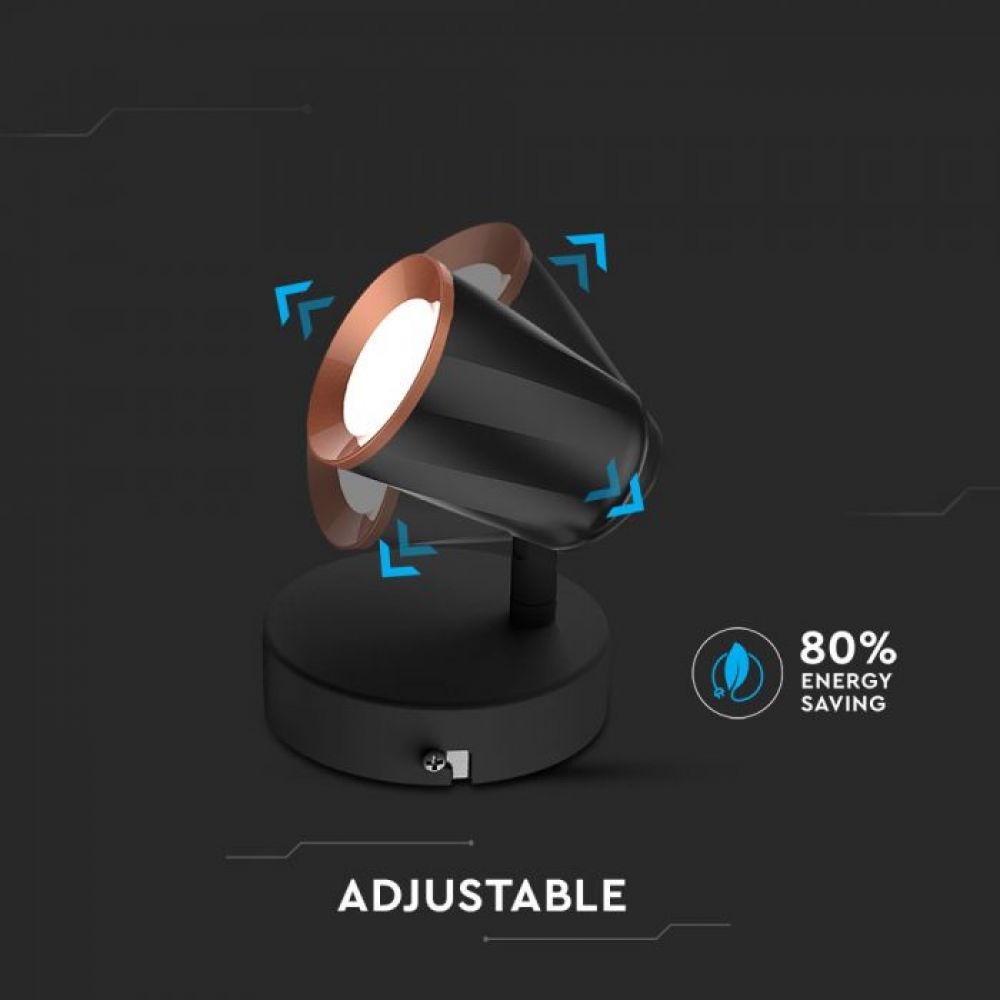 V-TAC LED Wandlamp 6W (1 Kop) | Zwart | 3000K Warm Wit
