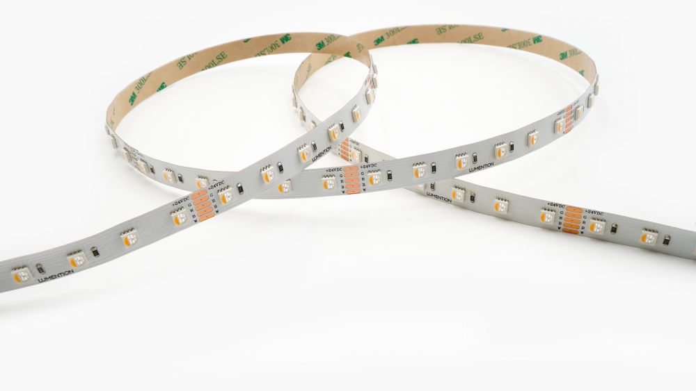 LUMENTION 4 in 1 LED Strip 14,4W/M 0,624V RGB-2700K CRI≥90+ 750 Lumen/M 60 LED/pm 5000x12x3mm Kniplengte 100mm IP20