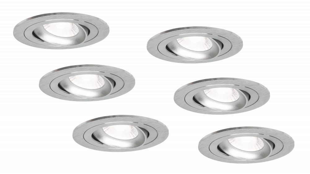 Set van 6 Led inbouwspot GU10 Armatuur Ø92xH23mm, Kantelbaar, Geborsteld aluminium + Zilver