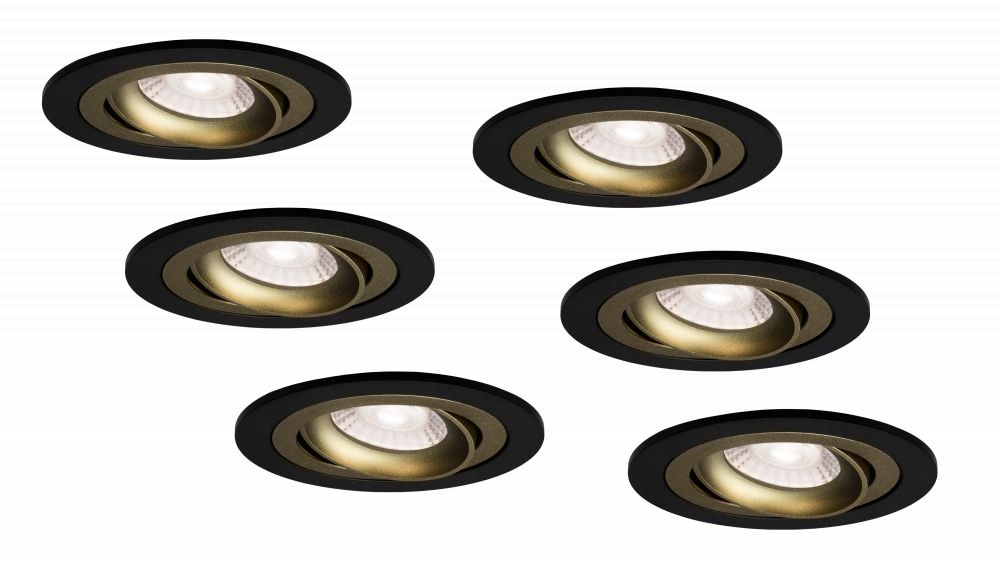 Set van 6 Led inbouwspot Armatuur Ø92xH23mm, Kantelbaar, Mat Zwart + Gold